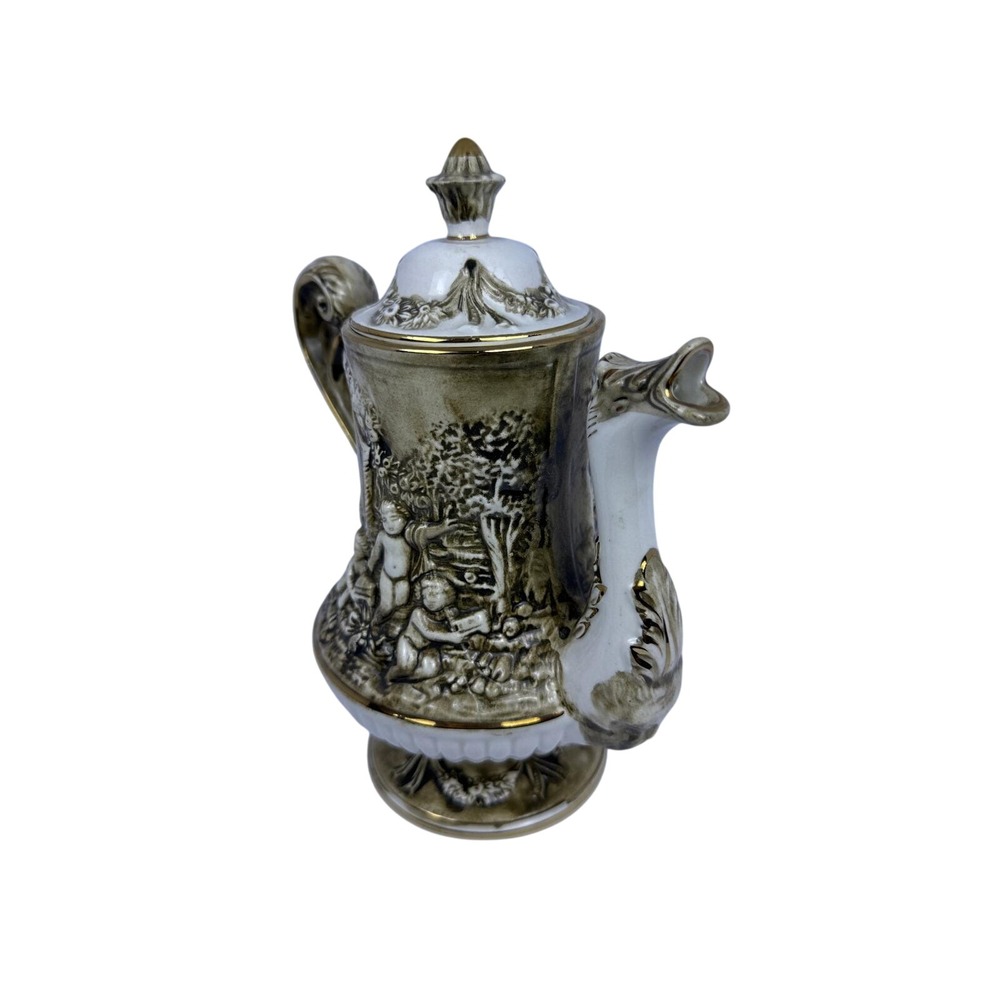 Vintage Ceramic Pitcher Cherub Scene Gold Trim Ornate Handle Spout Italy